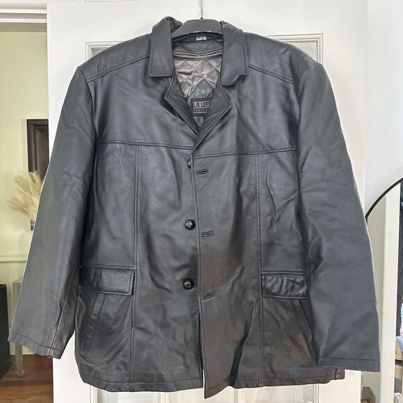 LA LEATHER California Leather Black Lined Coat Men's XL Button Vintage Jacket - Picture 1 of 16
